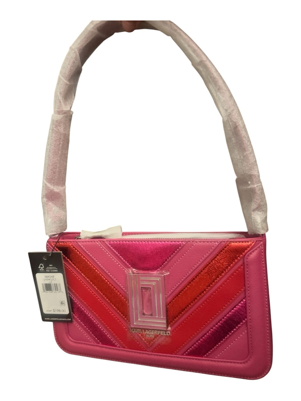 Karl Lagerfeld ~ Simone ~ Pink and Red Chevron Shoulder Bag - Picture 2 of 2